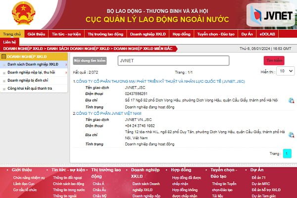 tra cứu công ty xklđ uy tín jvnet